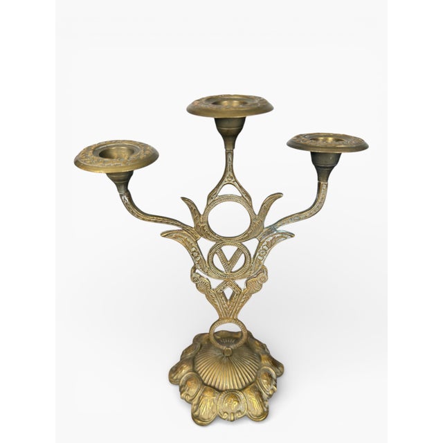 French Antique Art Nouveau Period Pair of Neoclassical Three-Light Candlesticks, Gilt Brass or Bronze, Continental Europe, C. 1900 For Sale - Image 3 of 12