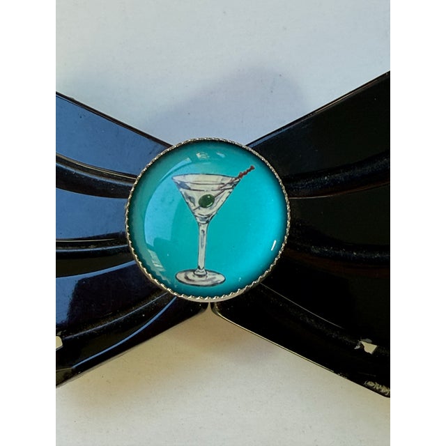 Mid-Century Modern Rare Vintage 1930s Carved Black Bakelite Convertible Belt Buckle & Brooch - Martini Glass Cabochon For Sale - Image 3 of 8