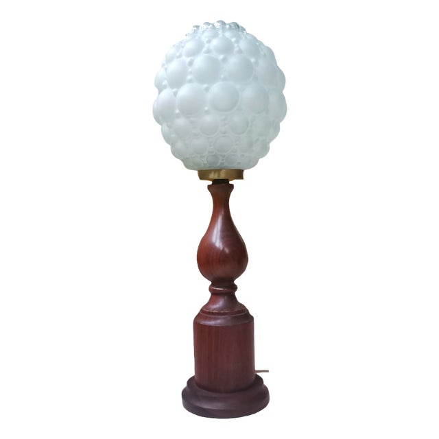 Mid-Century Wood Wooden & Bubble Glass Buffet Table Lamp, 1970s For Sale