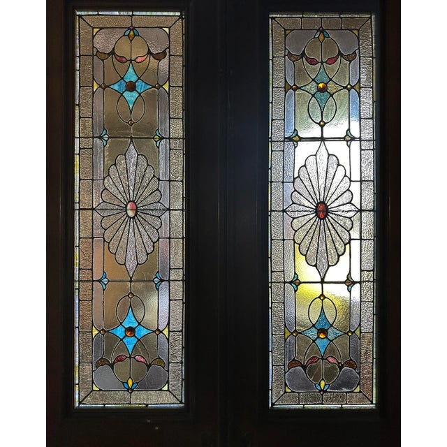 Brown Antique Pocket Doors Mahogany With Stained Glass - A Pair For Sale - Image 8 of 10