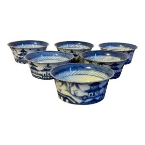 Antique 19th Century Chinese Export Porcelain Ramekin Bowls in Blue & White Canton Harbor Landscape Scenes - a Set of 6