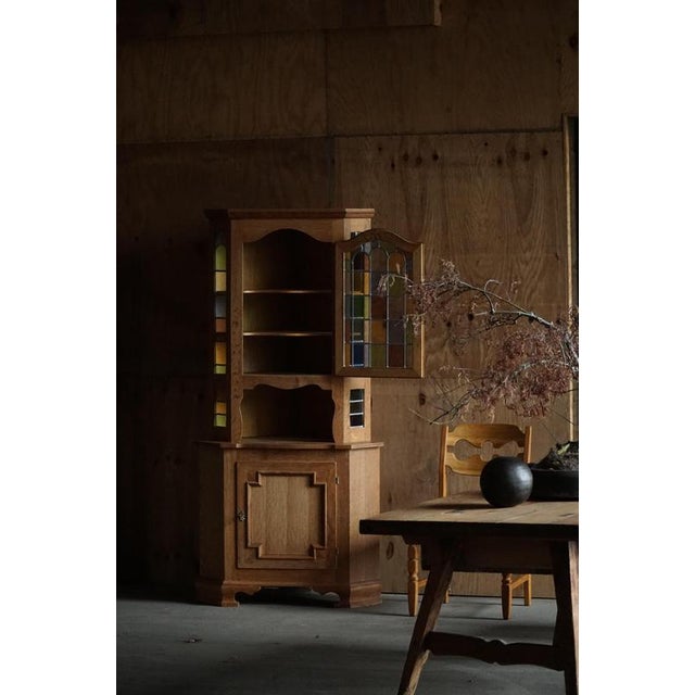 Mid-Century Danish Oak Corner Cabinet with Leaded Stained Glass, 1940s For Sale - Image 4 of 12