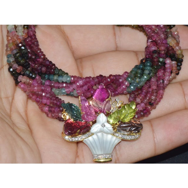 Contemporary Certified Natural 281.22Cts SI H Diamond Multi Tourmaline Peridot 18K Gold Pendant Brooch Necklace For Sale - Image 3 of 12