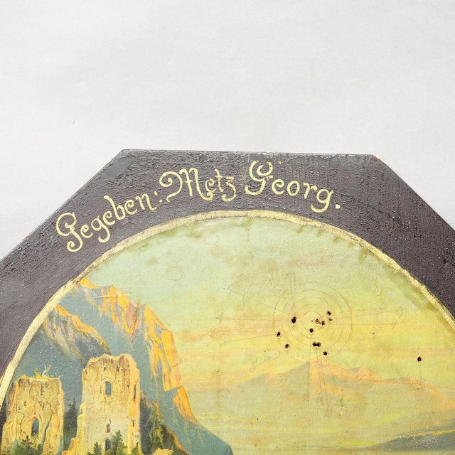 Rustic European Antique Honor Target With Alpine Landscape and Castle Ruins, Germany 1932 For Sale - Image 3 of 6