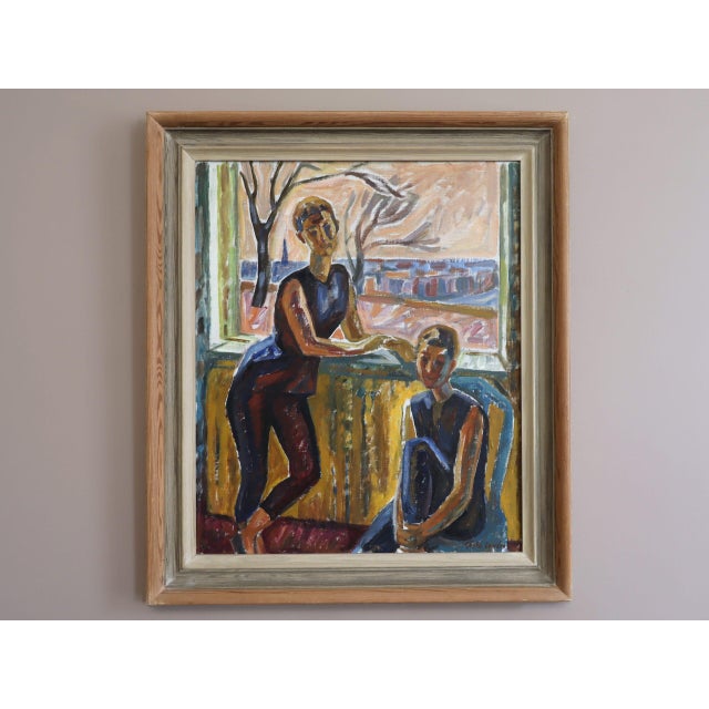 FIGURES AT THE WINDOW Oil on board Size: 26.4 x 22.8 inches (including frame) A wonderfully expressive mid-century...