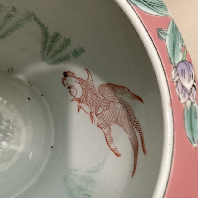 Ceramic Vintage Pair of Chinoiserie Large Porcelain Koi Fish Bowl Planters Floral Motif For Sale - Image 7 of 12