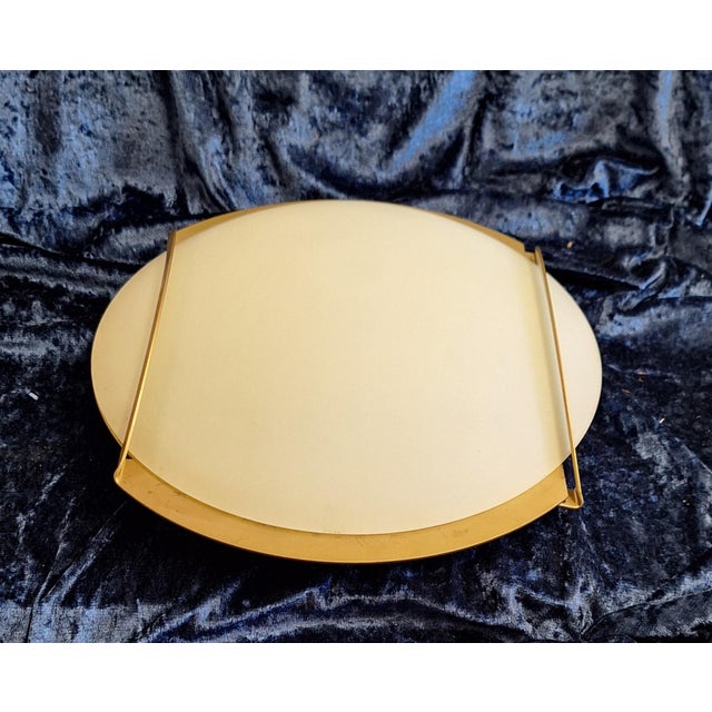 Vintage Italian Flat Ceiling Lamp with Brass-Colored Metal Bracket and White Glass Shade, 1990s, in Very Good conditions....