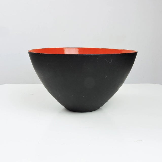 Large Mid-Century Danish Red Enamel Krenit Bowl by Herbert Krenchel, 1950s, in Good conditions. Designed 1950 to 1959 This...
