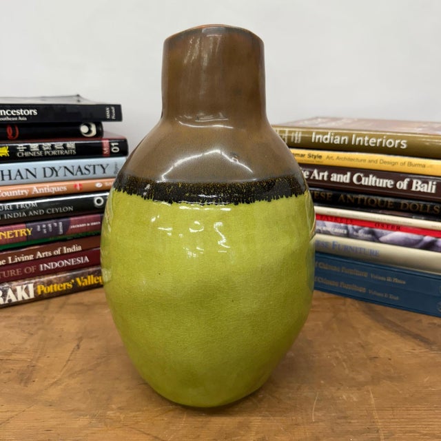 Rustic Round Pistachio Green Ceramic Vase with Brown Curved Top For Sale - Image 3 of 9