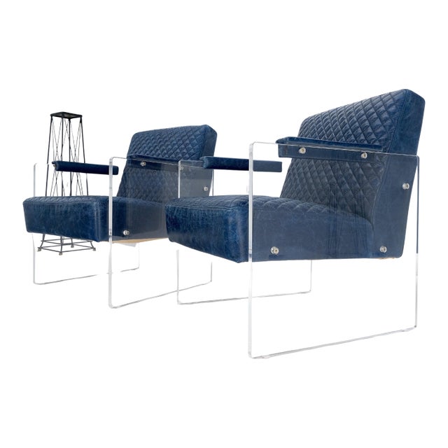 Pair of blue Quilted Leather Upholstery Seats Lucite Base Arm Lounge Club Chairs For Sale
