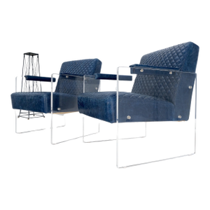 Pair of blue Quilted Leather Upholstery Seats Lucite Base Arm Lounge Club Chairs