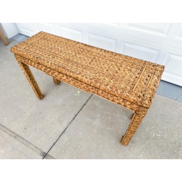 Chinoiserie Vintage Basketweave Rattan Console/Writing Table For Sale - Image 3 of 8