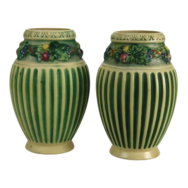 Pair Roseville Corinthian Pottery Vases C1930 For Sale