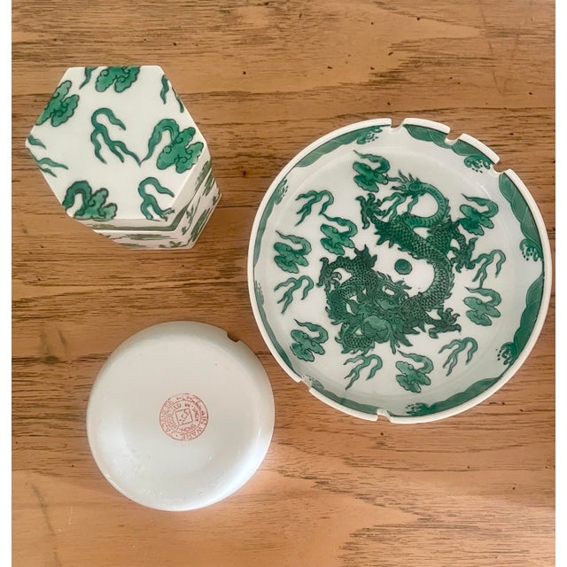 Green Vintage Japanese Green Dragon Porcelain Ashtrays & Holder Set - 3pc. Set For Sale - Image 8 of 8