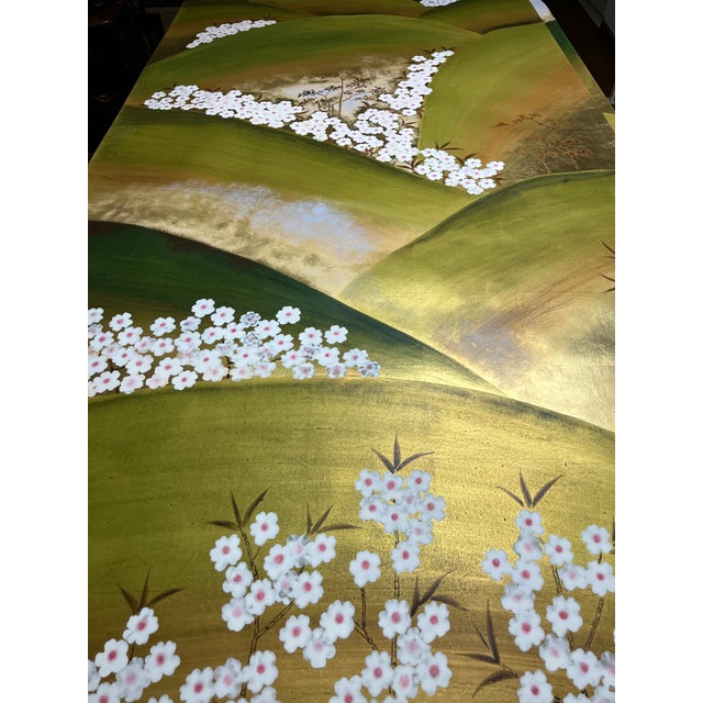 Not Yet Made - Made To Order Hand-Painted Gold Leaf Chinoiserie Landscape Mural Panels | Cherry Blossom Mountain Wall Art Set of 2 For Sale - Image 5 of 8