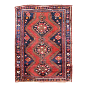 Antique Kurdish Rug in Red and Navy Blue With All-Over Geometric Medallions