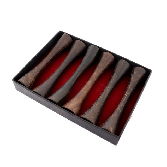 1970s Set of 6 Saap Danish Modern Rosewood Turned Wooden Knife Rest by Michael Bloch For Sale - Image 12 of 15