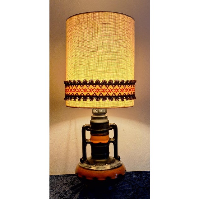 German Orange-Brown Ceramic Table Lamp with Fabric Shade, 1970s For Sale - Image 9 of 9