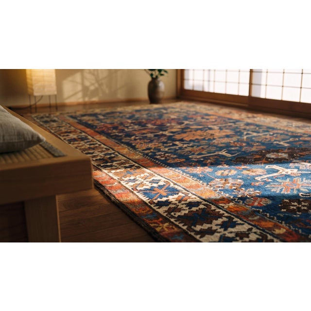Royal Blue 1900s Royal Blue Geometric Antique Caucasian Rug 4' 6" X 9' 8" Handknotted Wool Carpet For Sale - Image 8 of 10