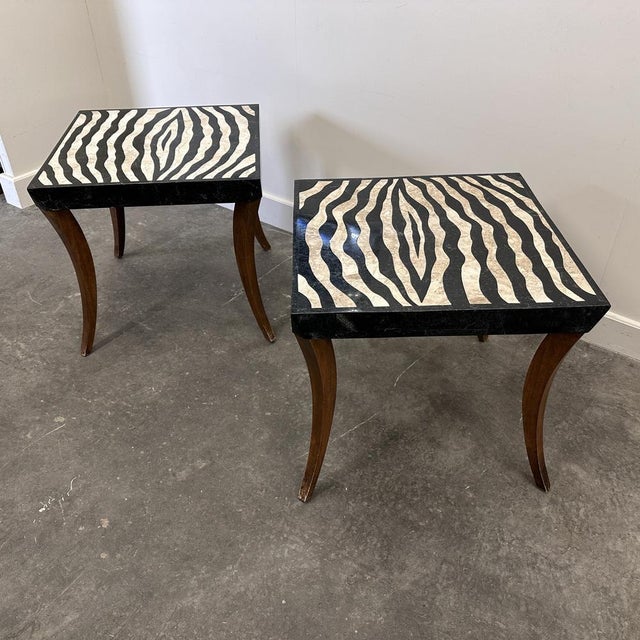 Gold Italian Zebra Inlaid Tessellated Stone Tables with Refined Curv, Set of 2 For Sale - Image 8 of 16