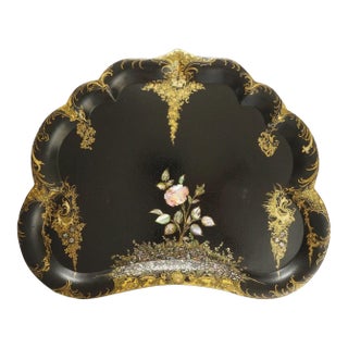 English Antique Papier Mache Tray Mother of Pearl Wisteria Parlor Maid Tray 24.5" For Sale