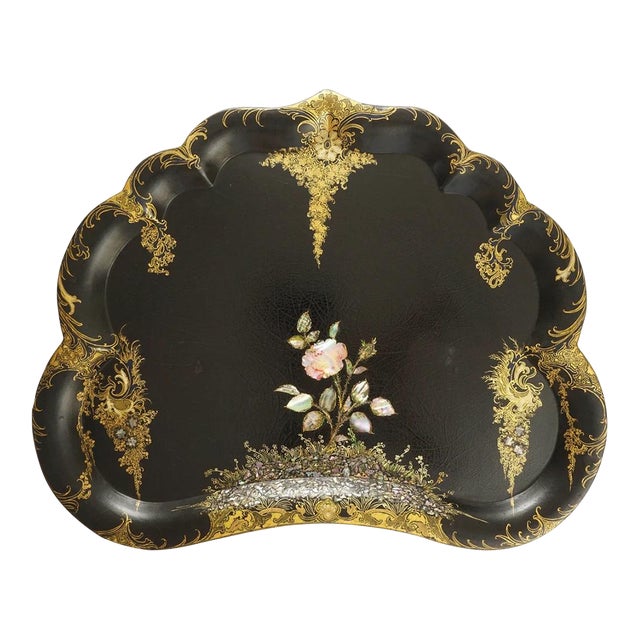 English Antique Papier Mache Tray Mother of Pearl Wisteria Parlor Maid Tray 24.5" For Sale