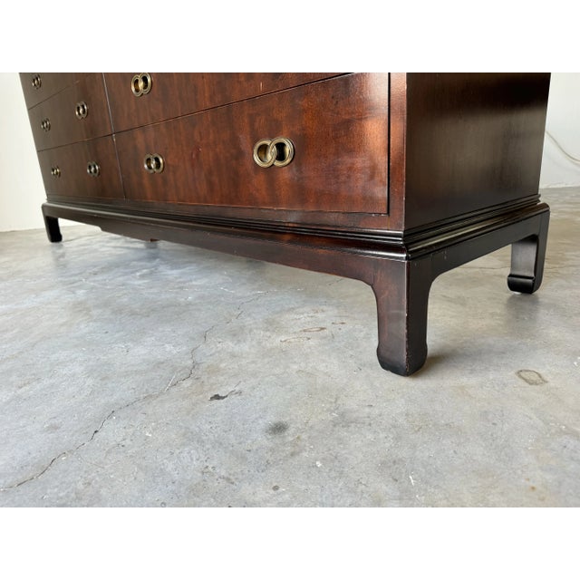 1970s 70's Hollywood Regency Michael Taylor for Henredon Mahogany Dresser With Brass Hardware/Sold For Sale - Image 5 of 12