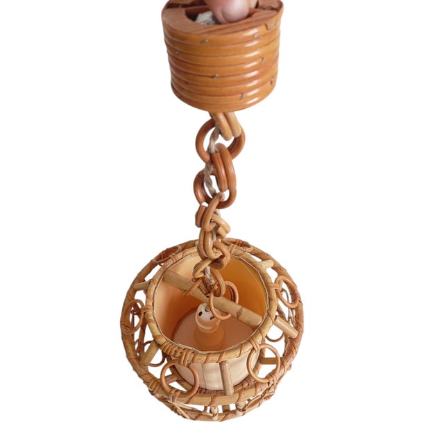 Light Yellow Mid-Century Modern French Riviera Bamboo and Rattan Pendant Lamp, 1960s For Sale - Image 8 of 18