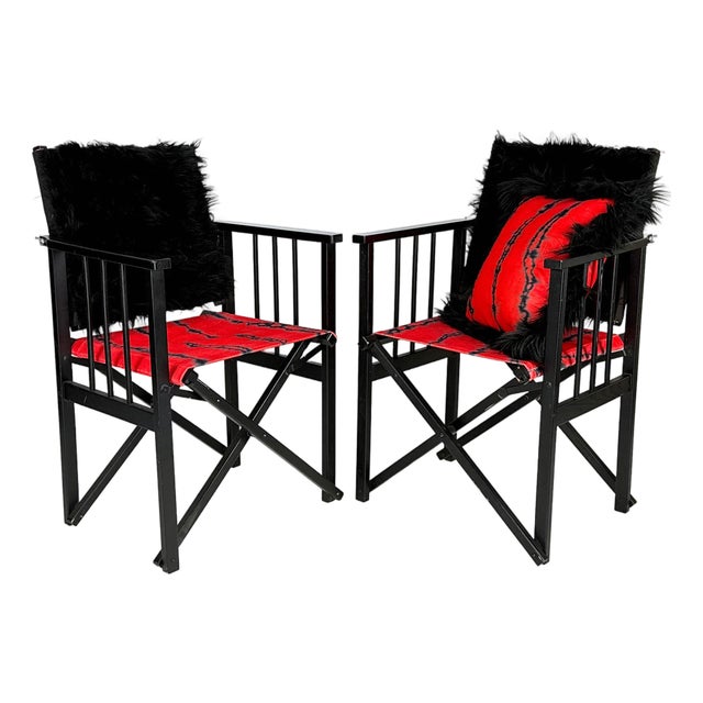 Vintage 1980s Pair of (2) Danish Folding Armchairs / Directors Chairs Set by Hyllinge Møbler - Red Flame Velvet & Black Faux Fur Upholstery For Sale