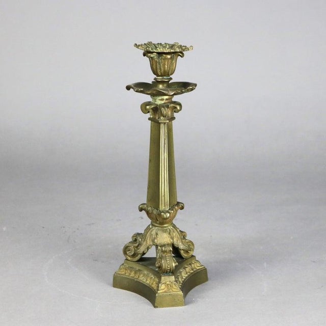 Neoclassical Pair of Antique Neoclassical Bronze Candlesticks With Scroll Form Feet C1890 For Sale - Image 3 of 5
