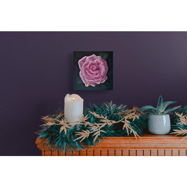 Contemporary Pink Rose by Robin Hextrum | Oil on panel Pink rose flower against a dark background. For Sale - Image 3 of 4