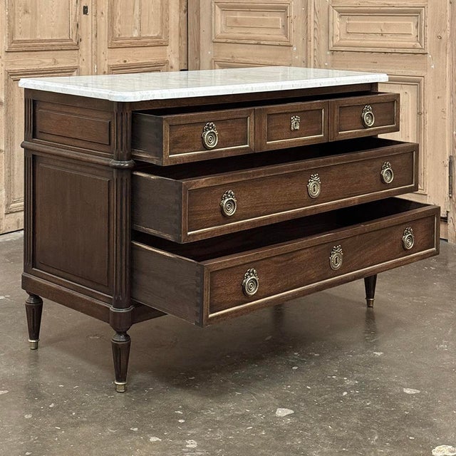 19th Century French Louis XVI Mahogany Commode With Carrara Marble For Sale - Image 12 of 16