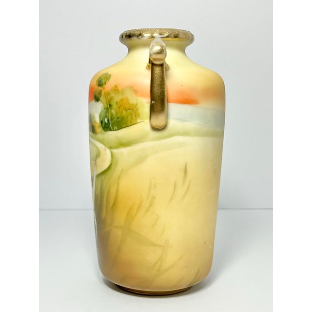 Ceramic Antique 1910s Morimura Nippon Art Nouveau Iris Flower Landscape Handled Vase For Sale - Image 7 of 12