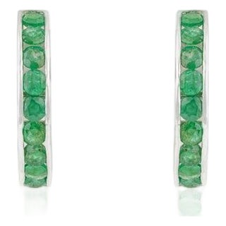Green Emerald Channel Set Hoop Earrings in Sterling Silver, A Pair For Sale