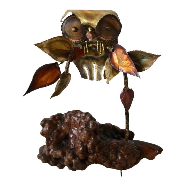 Mid-Century Modern Brutalist Metal Owl Burl Wood Base Sculpture in the Style of Curtis Jere For Sale