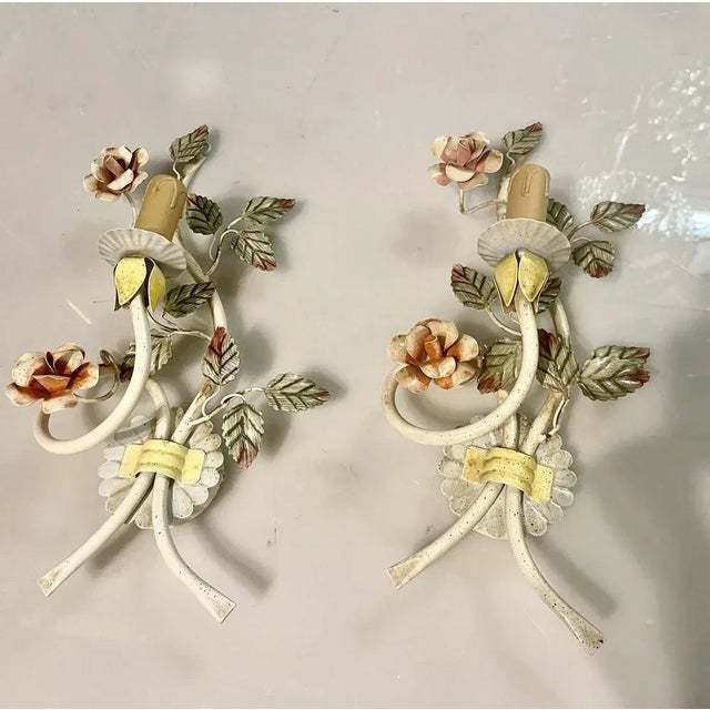 Italian Tole Flower Sconces, Set of 2 For Sale - Image 3 of 9