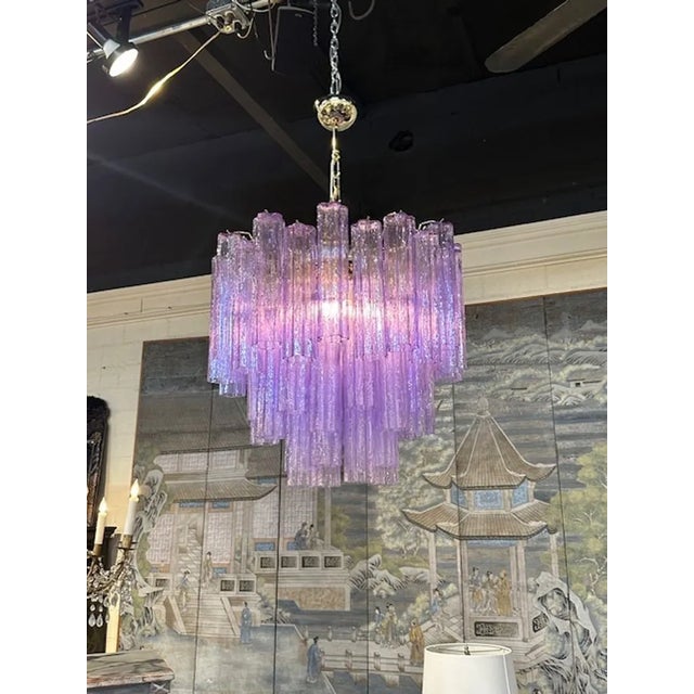 Glistening modern lavender "Tronchi" Murano glass featuring tiers of tube-shaped pieces. Beautiful and so unique!...