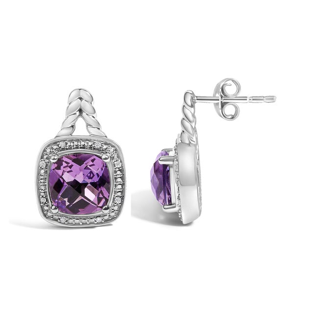 Haus of Brilliance Sterling Silver Cushion Cut Amethyst and Diamond Accent Halo Drop Earrings, Pair For Sale - Image 4 of 4