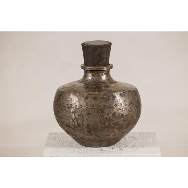 Vintage Indian Hammered Metal Water Vessel with Wooden Stopper For Sale In New York - Image 6 of 13
