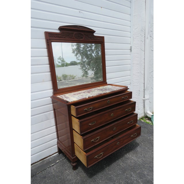 Eastlake Victorian Early 1880s Marble Top Large Dresser With Mirror