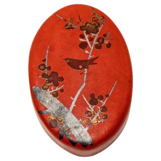 Vintage Bird Motif Paper Mâché Red Pillbox For Sale