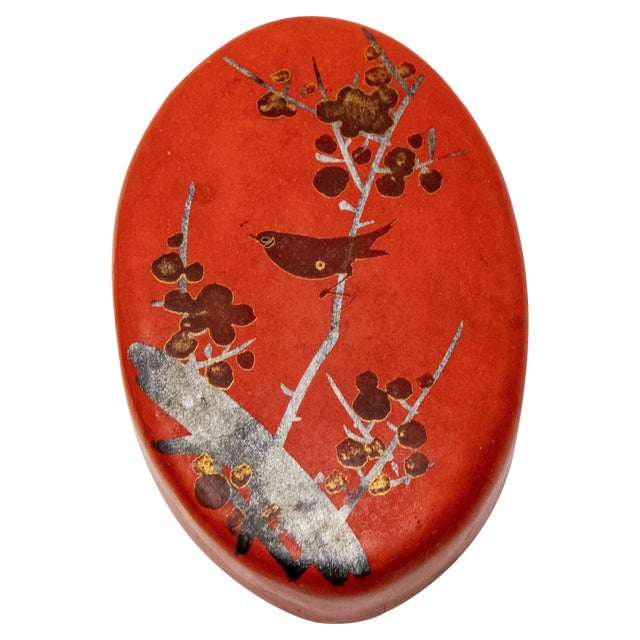 Vintage Bird Motif Paper Mâché Red Pillbox For Sale