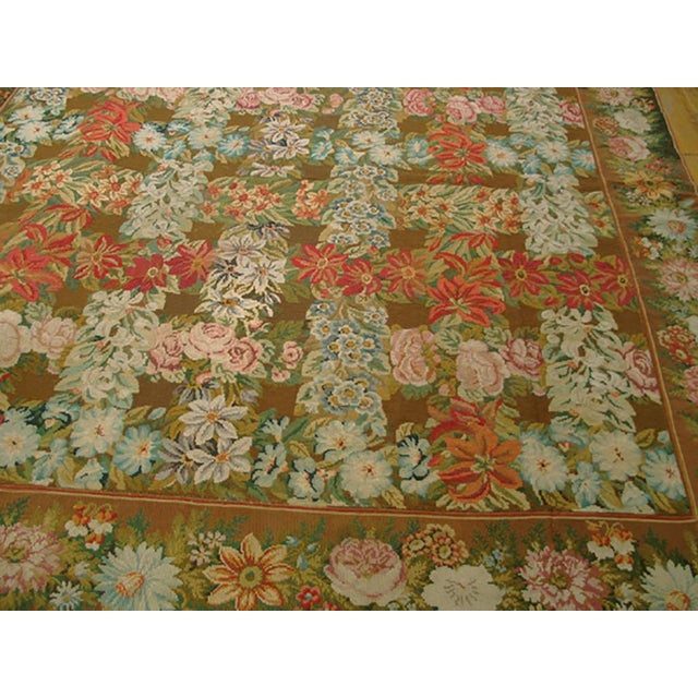 1860s Green Olive Floral Antique English Needlepoint Rug 8'6" X 9'8" Flatweave Wool Carpet For Sale In New York - Image 6 of 10