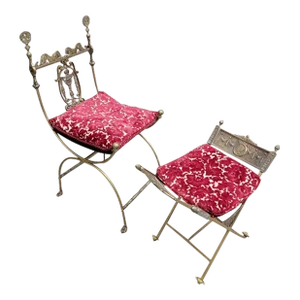 Antique Art Deco Oscar Bruno Bach Ornate Bronze Savonarola Side/Vanity Chair and Ottoman