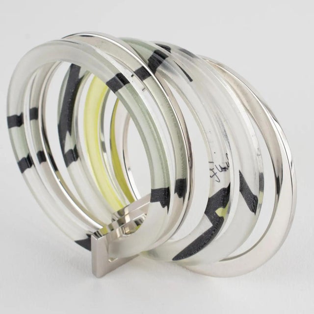 Contemporary Emilio Pucci Stacked Silvered Spacer Bracelet Bangle with Lucite and Silk For Sale - Image 3 of 13