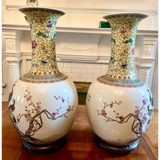 Pair of Large 23” Chinese Jingdezhen Famille Rose Porcelain Peacock Vases on Wood Stands For Sale In Richmond - Image 6 of 14