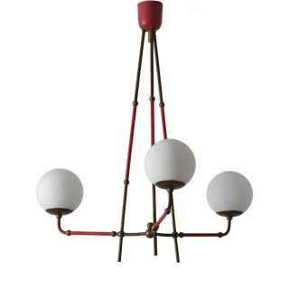Vintage Italian Brass and Red Lacquered Chandelier with Opaline Glass, 1950s For Sale
