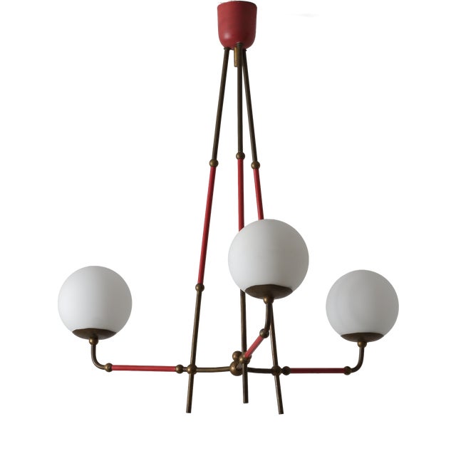 Vintage Italian Brass and Red Lacquered Chandelier with Opaline Glass, 1950s For Sale