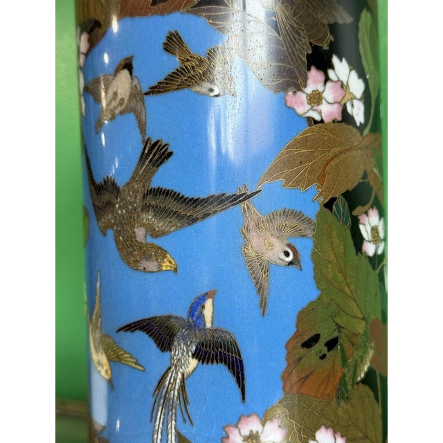 Meiji Period Japanese Cloisonne Enamel Vase With Birds Butterflies and Insects For Sale - Image 17 of 18