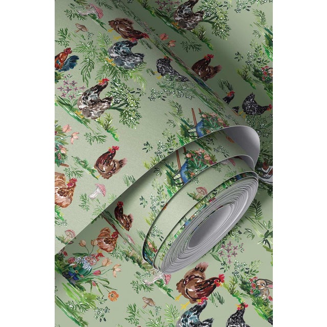 Cluckingham Farm Toile Grasscloth Wallpaper by House Party | Green Grass | 6 Yards For Sale - Image 9 of 9